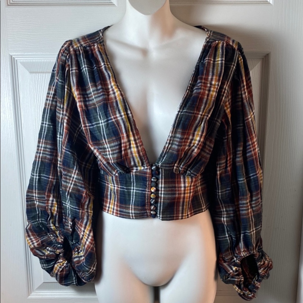 Truth NYC Blue and Orange Bishop Sleeve Crop Blouse